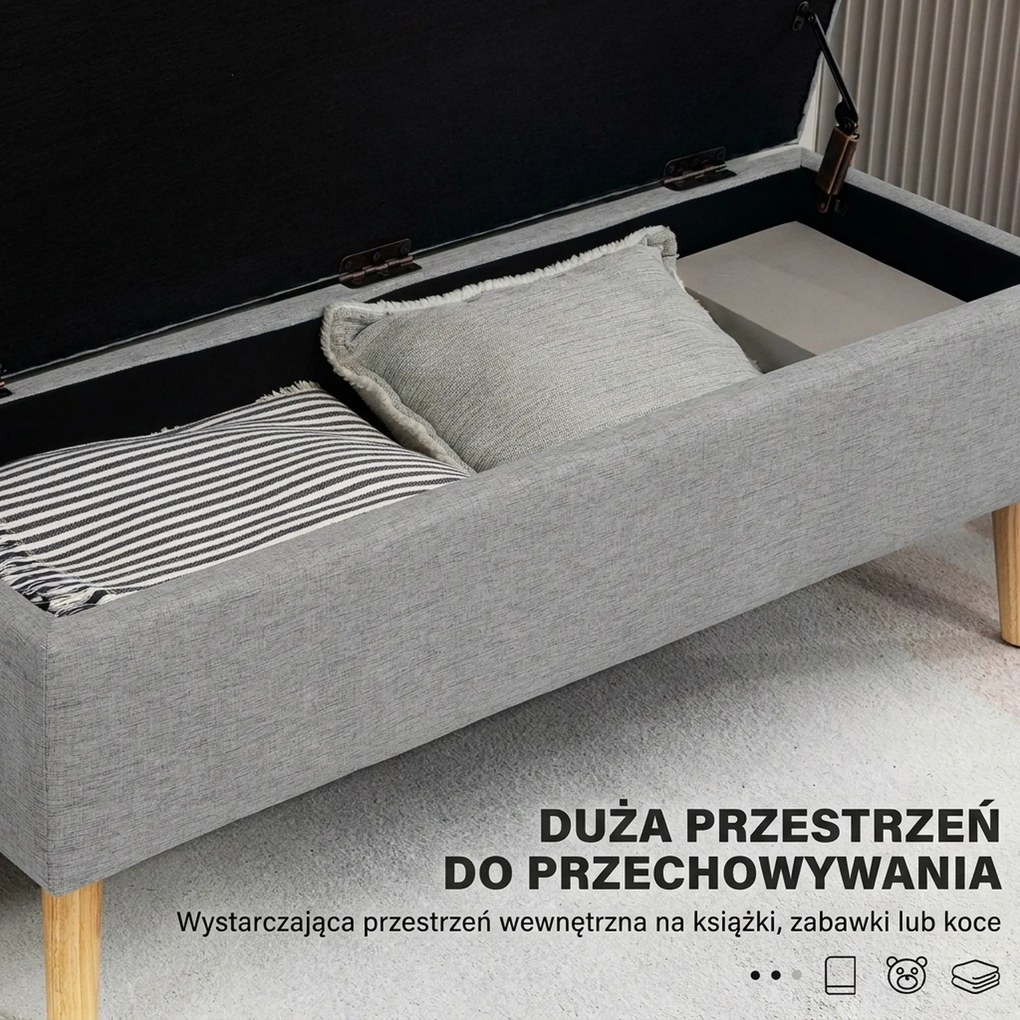 HOMCOM Ławka tapicerowana z przestrzenią do przechowywania, wykończenie w wyglądzie lnu, nogi z drewna kauczukowego, do 220 kg, 110x39x45cm, szara