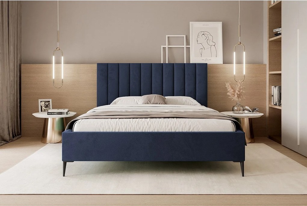 Mona SLIM III w tkaninie VELUTTO, wygodne łóżko tapicerowane - ergonomiczne podparcie pleców 200x200 cm, niebieski