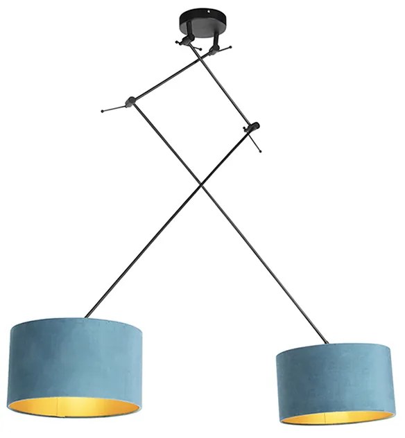 Lampa wisząca czarna z niebieskimi i złotymi abażurami z weluru 35 cm 2-światłowa - Blitz klasyczny/Antyczny Oswietlenie wewnetrzne