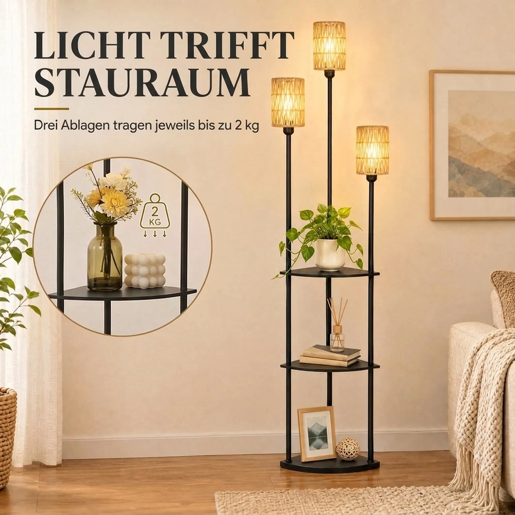 HOMCOM Lampa stojąca Boho 3-płomienna, 3 półki, klosz z papierowego sznura, czarna | Aosom PL