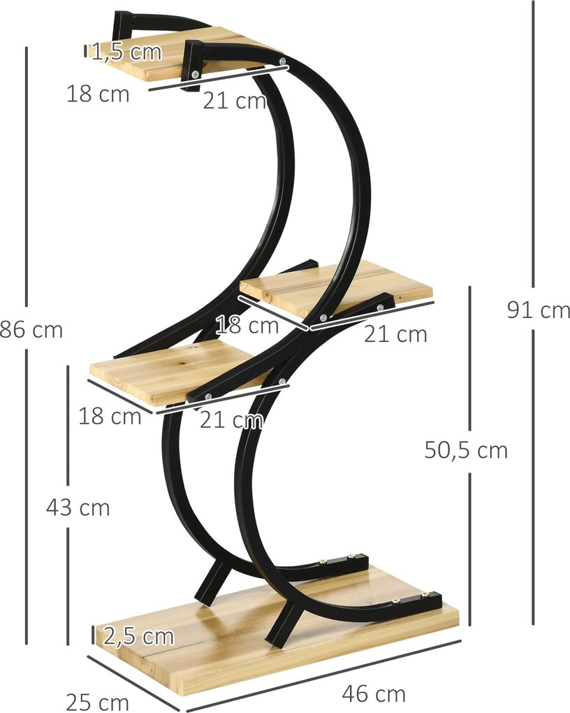 Outsunny Stojak na Rośliny z 4 Półkami Lite Drewno Odporny na Warunki Atmosferyczne Czarny Naturalny 46x25x91cm | Aosom PL
