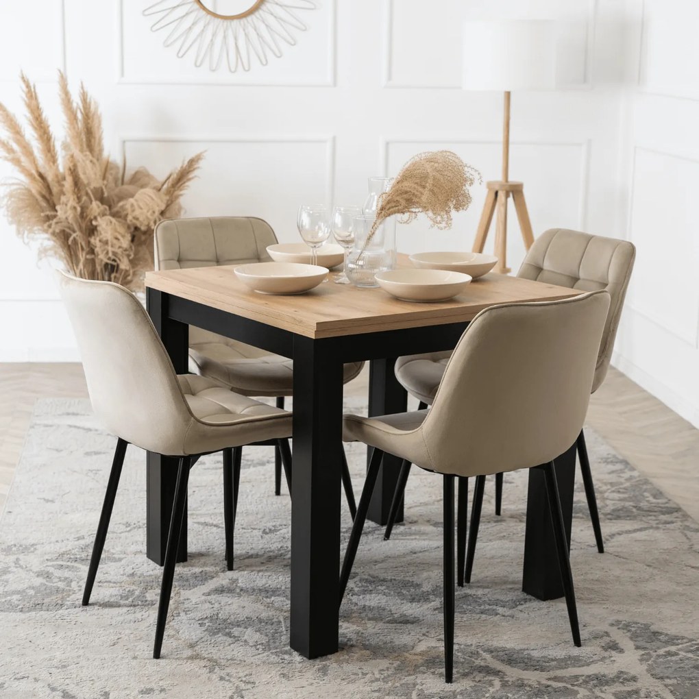 Zestaw Stół Kwadratowy Rozkładany MAX 80-160 cm Dąb Craft/Czarny i 4 Krzesła Tapicerowane CHRIS Beżowe Nowoczesne