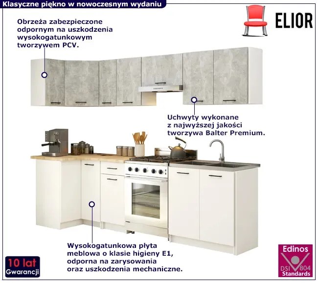 9-częściowy komplet narożnych mebli kuchennych biały + beton - Poli 18X