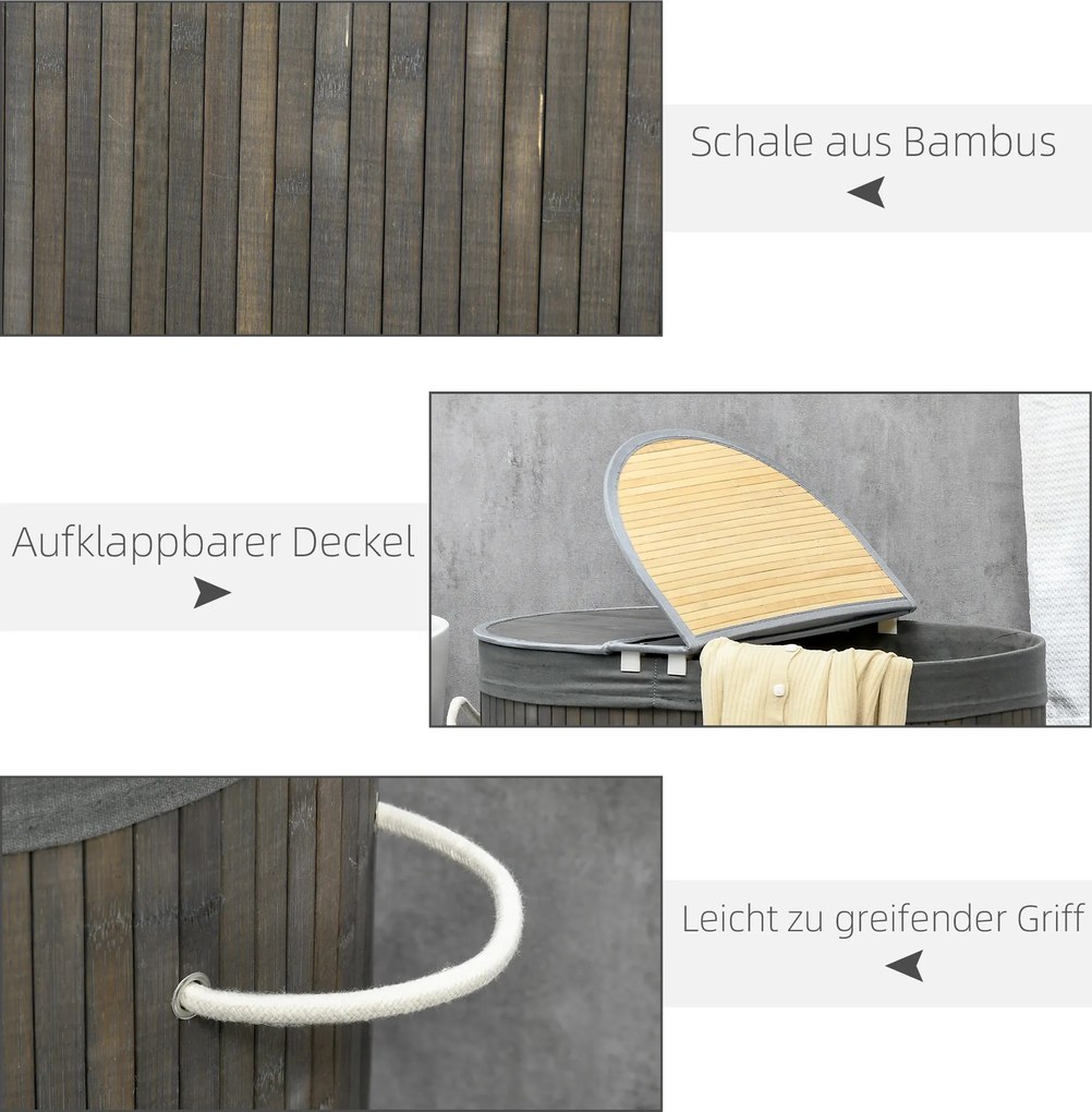 HOMCOM Kosz na bieliznę 100 L z pokrywą, uchwytem, 2 sekcje, wyjmowany worek na pranie, do sypialni, łazienki, wykonany z bambusa, szary