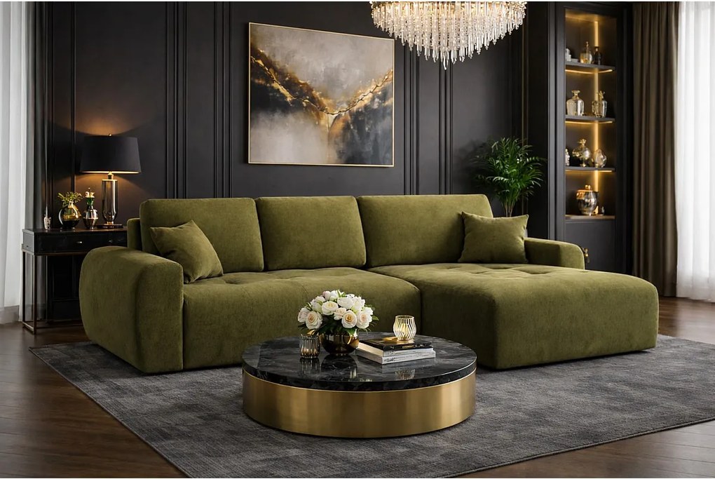 Narożnik w kształcie L z funkcją spania i pojemnikiem Ivo L, tkanina welurowa Salvador, Oliwkowy, Prawy