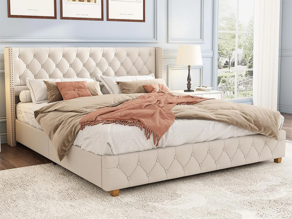 Łóżko dwuosobowe tapicerowane lnem - 180x200 cm - z stelażem na listwach - Beżowe