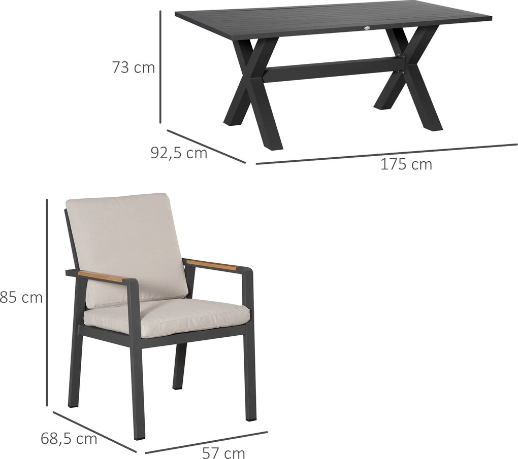 Outsunny Zestaw Mebli Ogrodowych dla 6 Osób, 6 Krzeseł, 1 Stół, Wodoodporny, 175 cm x 92,5 cm x 73 cm, Czarny + Szary