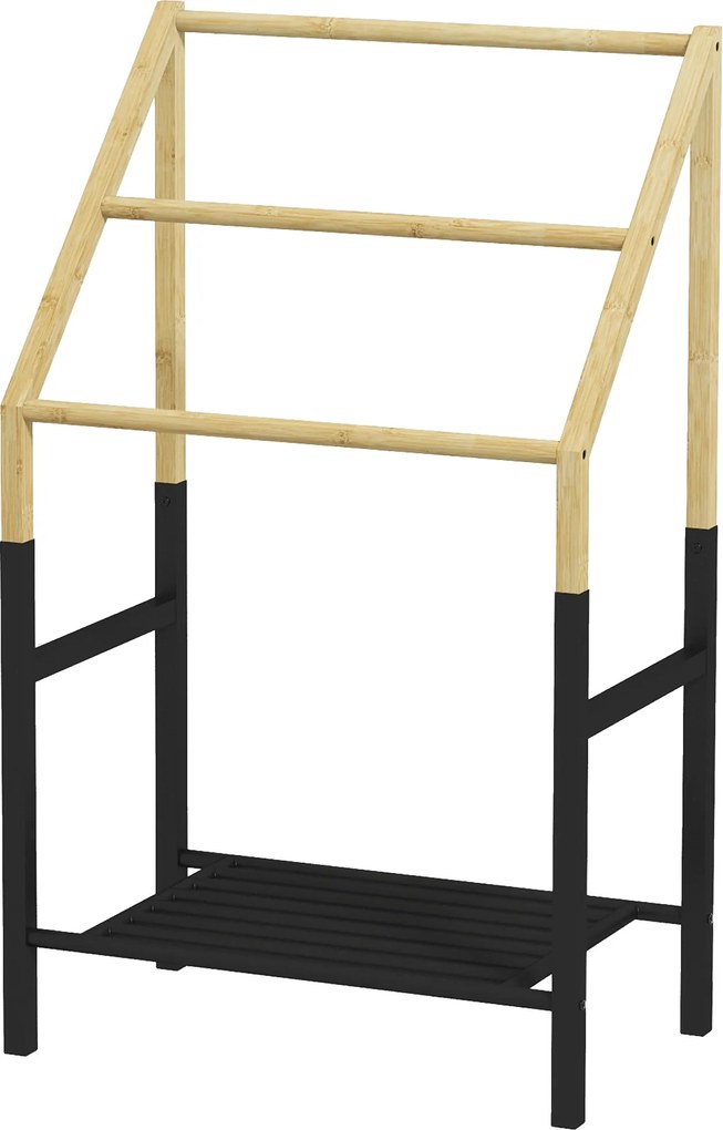 HOMCOM Uchwyt na Ręczniki, Wolnostojący, 3 Pręty, 51x31x85,5cm, Czarny/Drewno naturalne