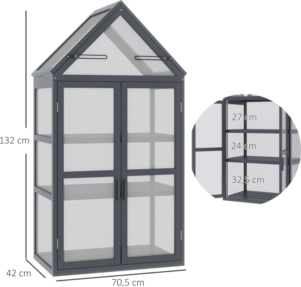Szklarnia Mini Outsunny 3 Poziomy Treibhaus Ziołowy z Otwieranym Dachem Podwójne Drzwi Drewniane Poliwęglan Wodoodporna Naturalna 70,5 x 42 x 132 cm