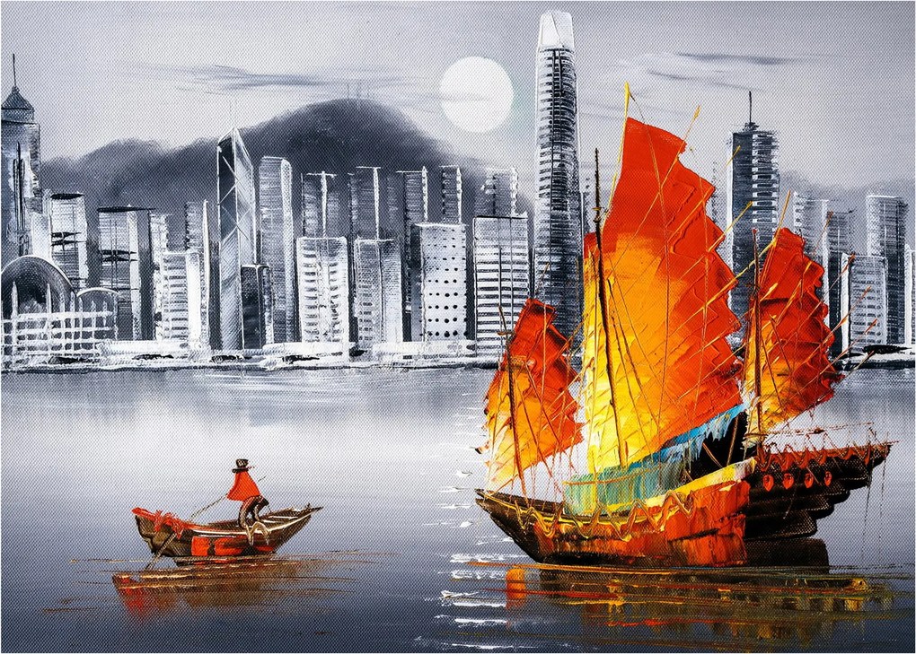 Obraz - Victoria Harbor, Hongkong, czarno-biały obraz olejny (70x50 cm)