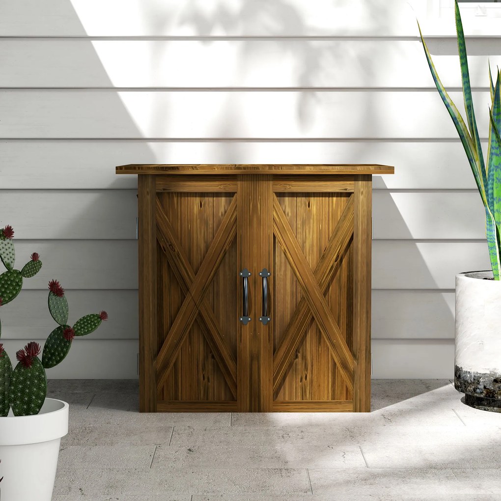 Outsunny Szafka na Narzędzia Ogrodowe z Podwójnymi Drzwiami, Zamknięcie Magnetyczne, Odporna na Warunki Pogodowe, Drewno Naturalne, 77S x 55G x 72W cm, Brązowy