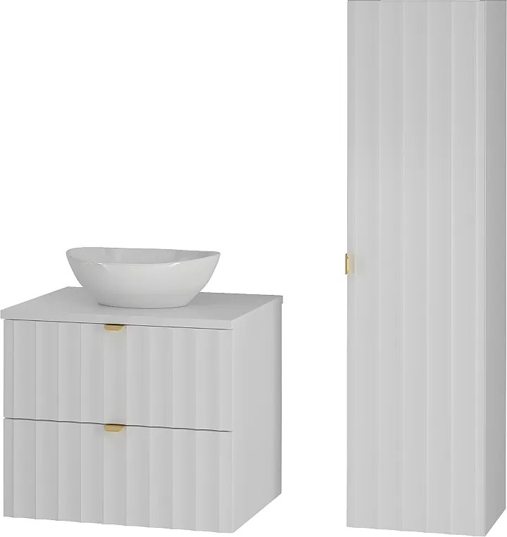 Biały Zestaw Łazienkowy 60cm Szafka z Blatem Umywalka Słupek Ryflowane Fronty Arcos