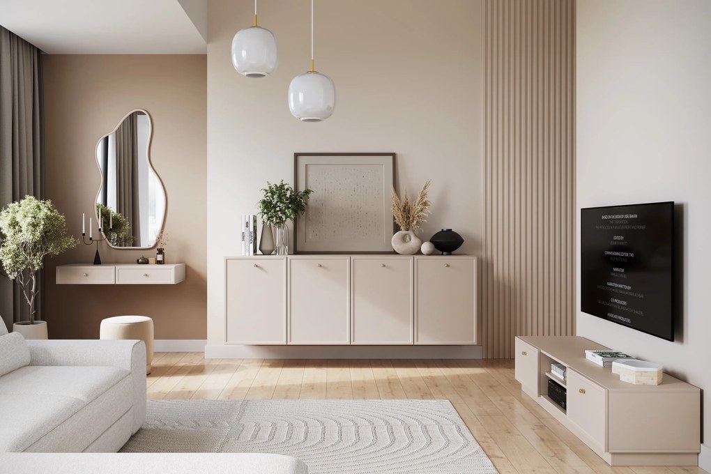 Komoda wisząca Lorini 200 cm czterodrzwiowa - kaszmir / złote uchwyty