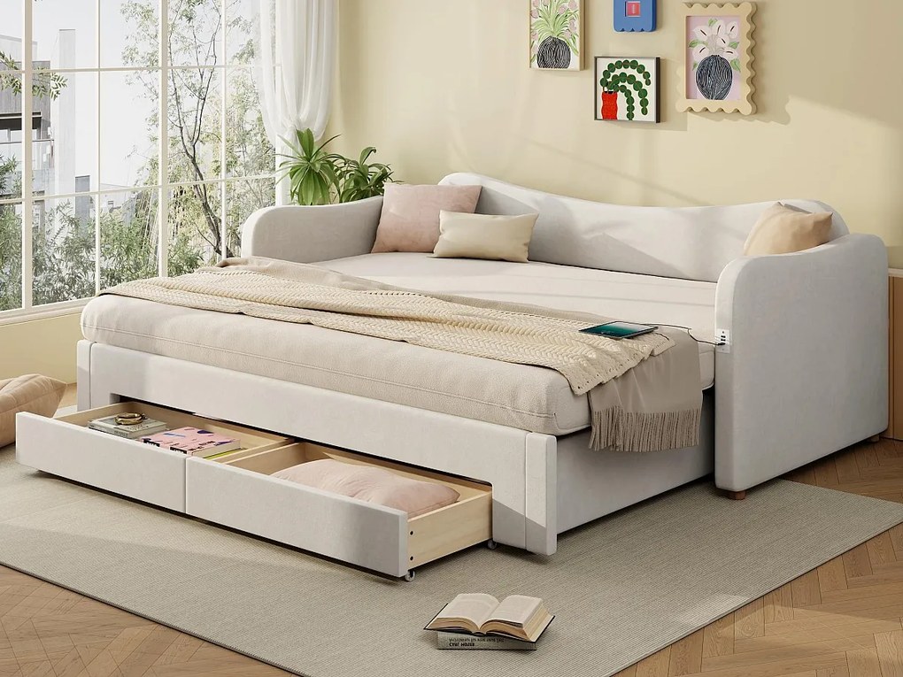 Tapicerowana sofa z łóżkiem 90x200cm - z łóżkiem chowanym - 2 szuflady do przechowywania - Port USB - Tkanina welurowa - Beżowy​ (Materac nie jest wliczony w cenę)