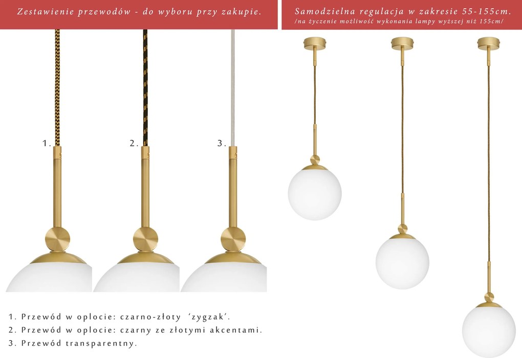Złota lampa na przewodzie z białą dużą kulą GP-S1GD