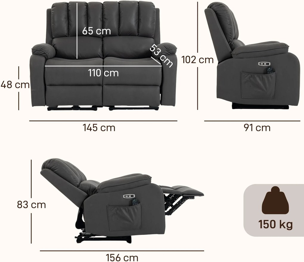HOMCOM Dwuosobowa elektryczna sofa relaksacyjna z Leathaire, funkcją masażu i ogrzewania, 2 piloty, złącza USB/USB‑C | Aosom PL