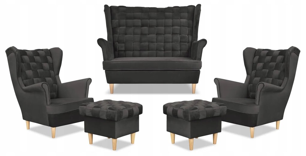 Zestaw wypoczynkowy Carol sofa fotele pufy paski Family Meble grafitowy