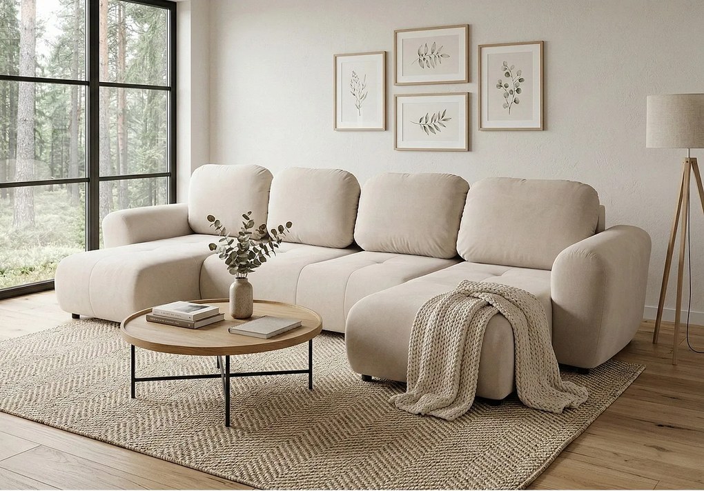 Stylowy narożnik rozkładany BINGO U L 315x146 cm w tkaninie PAROS 1 kości słoniowej