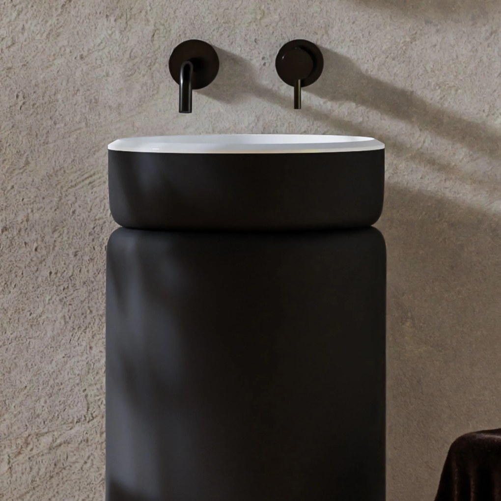Umywalka wolnostojąca okrągła czarna matowa RONA Black Matt białe wnętrze umywalki 85 x 40 cm : Podłączenie syfonu - Do podłogi
