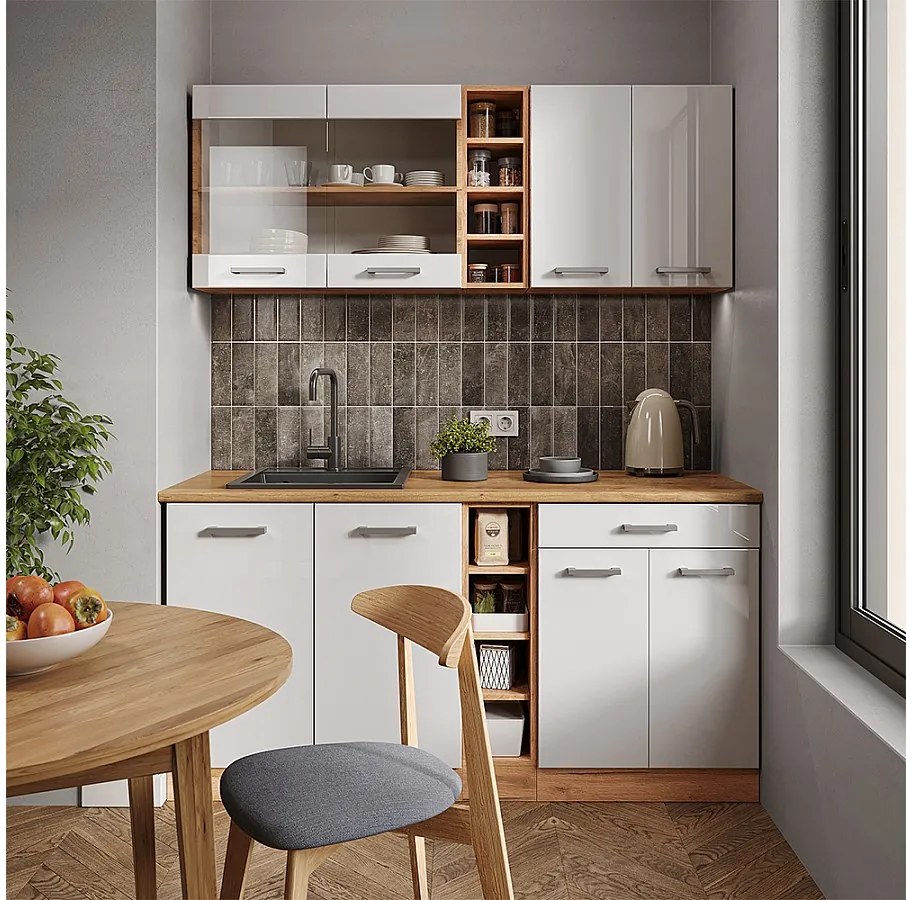 Kuchnia pojedyncza biały wysoki połysk/złoty dąb power 160x46x81.6 r-line