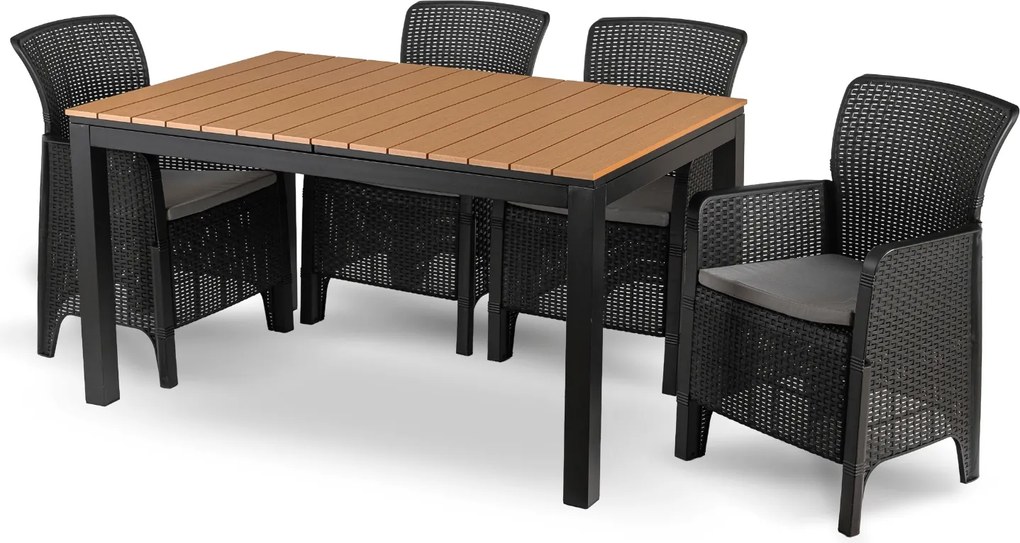 Zestaw Mebli Ogrodowych Stół ARGOS 140-180 cm Dąb/Czarny i 4x Fotel FRESNO Czarny Technorattan Nowoczesny