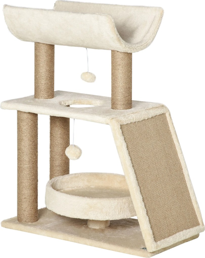 PawHut Drapak dla Kotów z Zabawką i Legowiskiem Kremowy i Naturalny 60x30x76cm Idealne Miejsce do Zabawy i Odpoczynku | Aosom PL