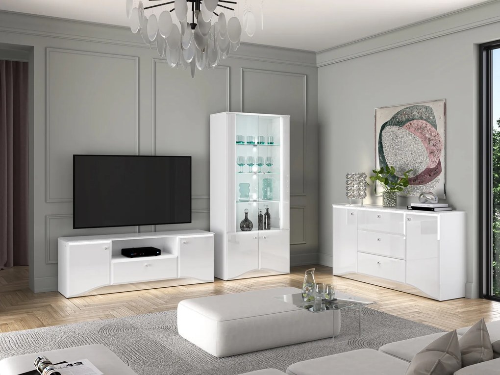 Szafka RTV 160 cm z oświetleniem LED Glamour 03, biały połysk
