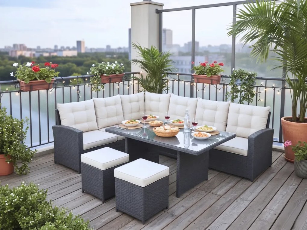 Outlet Narożnik szary technorattan wysoki stół pufy BOSCO