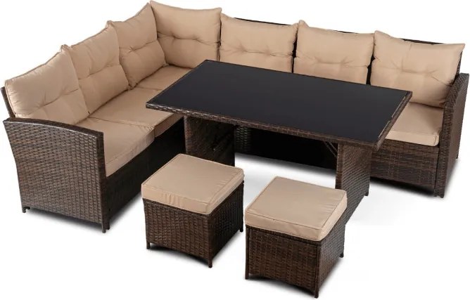 Zestaw Mebli Ogrodowych DALLAS Brązowy/Beżowy Narożnik Pufy Stolik Tarasowy Technorattan Nowoczesny