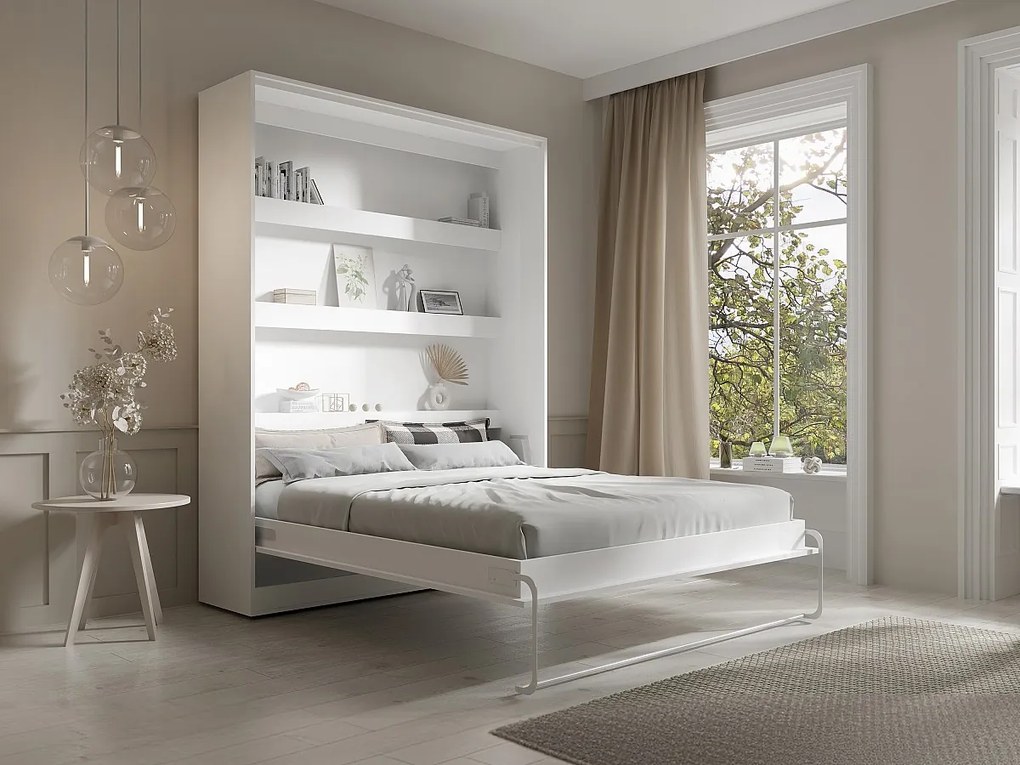 Łóżko chowane w szafie 160 × 200 cm – Otwieranie pionowe manualne – Oświetlenie LED – Białe + Materac – RAPILI