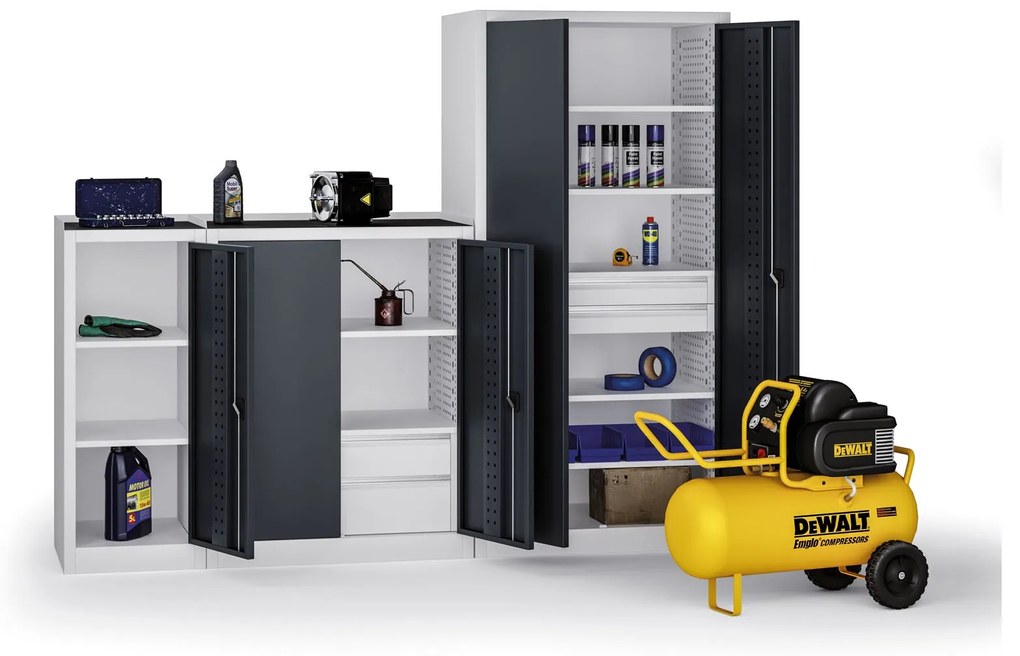 Szafa warsztatowa, 5 półek + 2 szuflady, 1950 × 950 × 500 mm, grafitowe drzwi