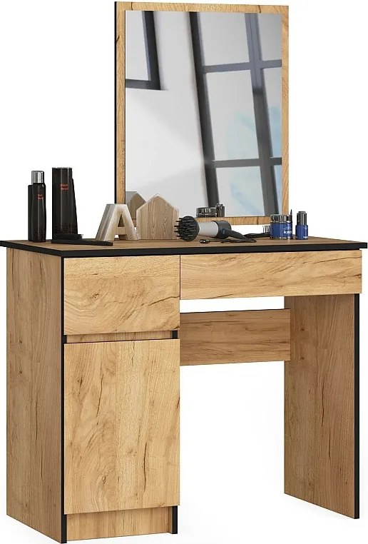 Toaletka AKORD P2 Dąb Craft 90 cm z lustrem 500x600 lewa 1 drzwi 2 szuflady kolor Dąb Craft mat 2 półki 90x50x142 cm