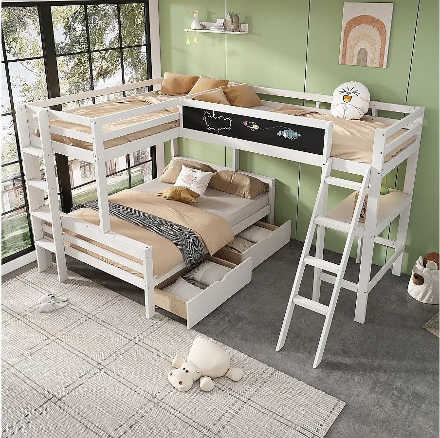 Łóżka piętrowe 140 x 200 cm + 2 x 90 x 200 cm z biurkiem i 2 szufladami - Drewno lite - Białe (bez materaca)