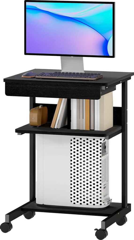 HOMCOM Biurko PC z szufladą i 2 półkami na 4 kółkach, z drewna i metalu, 56x51x79 cm, czarne | Aosom PL