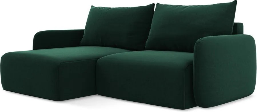 Ciemnozielony aksamitny rozkładany narożnik ze schowkiem (lewostronny/z szezlongiem) Kalena – Makamii