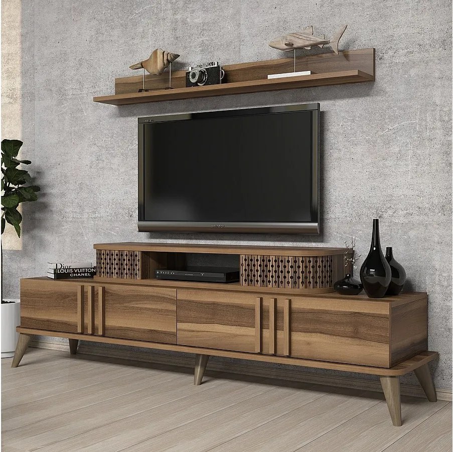 Nowoczesna szafka pod telewizor – 168 cm – orzech – melamina