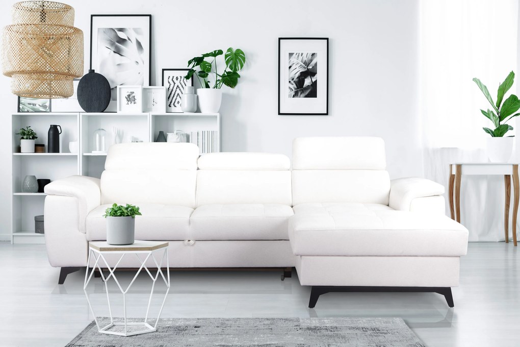 Masseno Narożnik VOLA z funkcją spania i pojemnikiem na pościel Narozniki L, Rozkładana sofa - Biały, BUBBLE 1
