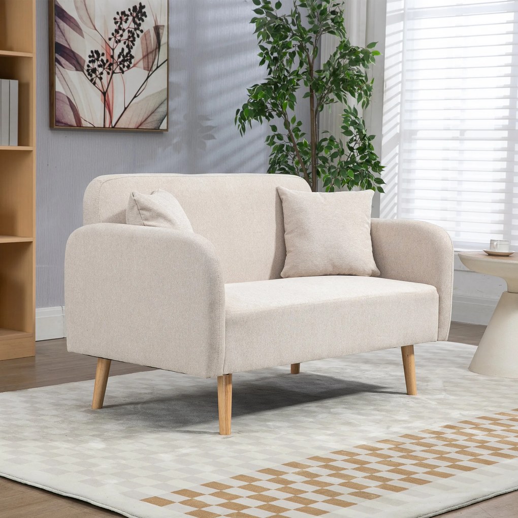 HOMCOM 2-osobowa Sofa, Design Nowoczesny, w zestawie 2 poduszki, nogi drewniane, 130 x 70 x 80 cm, Kremowy