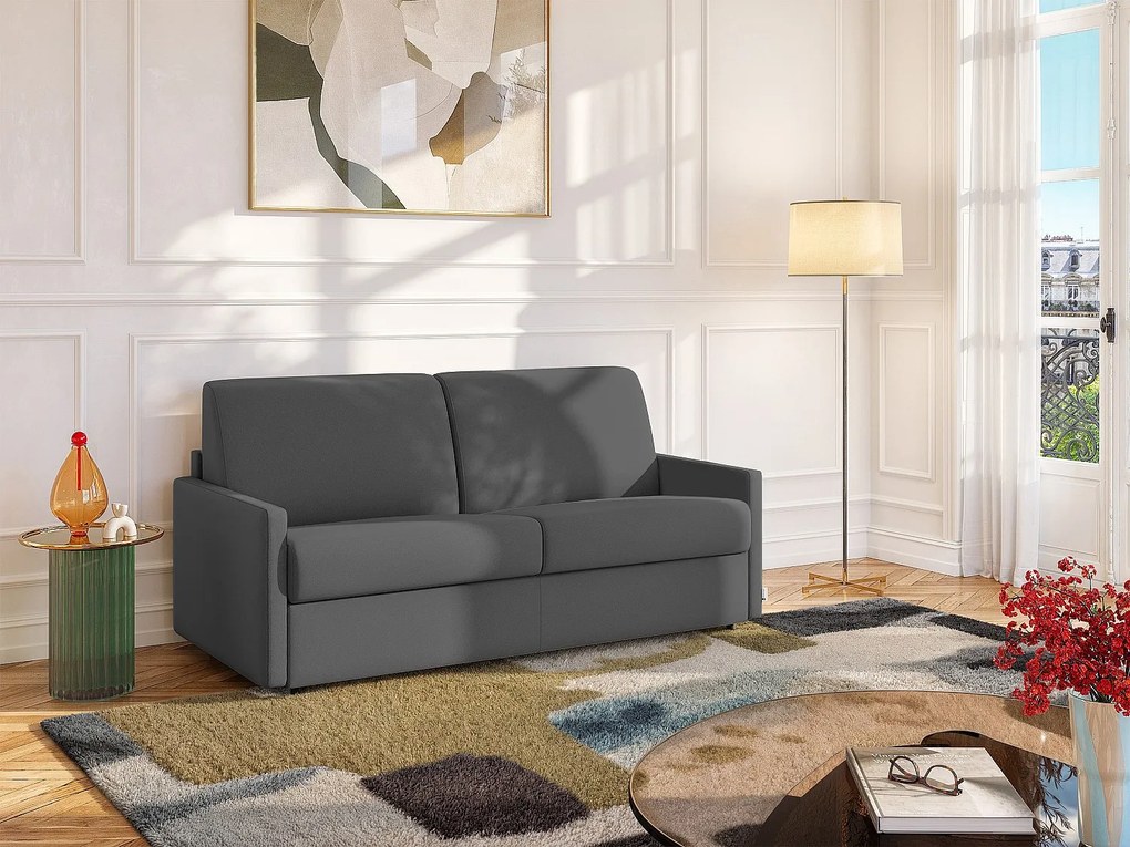 Kanapa 2-osobowa rozkładana typu express z szarej tkaniny z siedziskiem z pianki z pamięcią kształtu - Pow. spania 120 cm - Materac 14 cm CALIFE