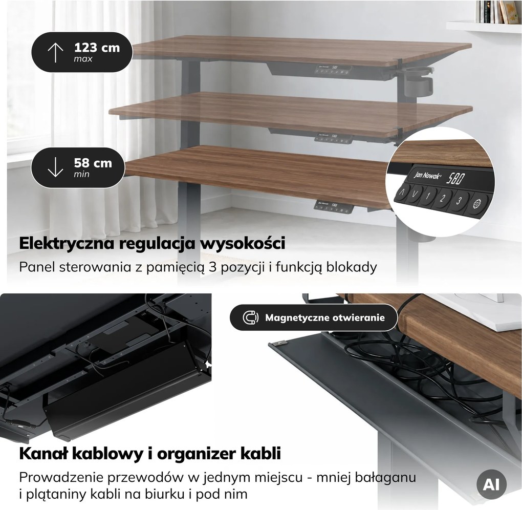 Biurko elektryczne z regulacją wysokości ergonomiczne antracytowe/orzech,1400x700 mm: ARIA