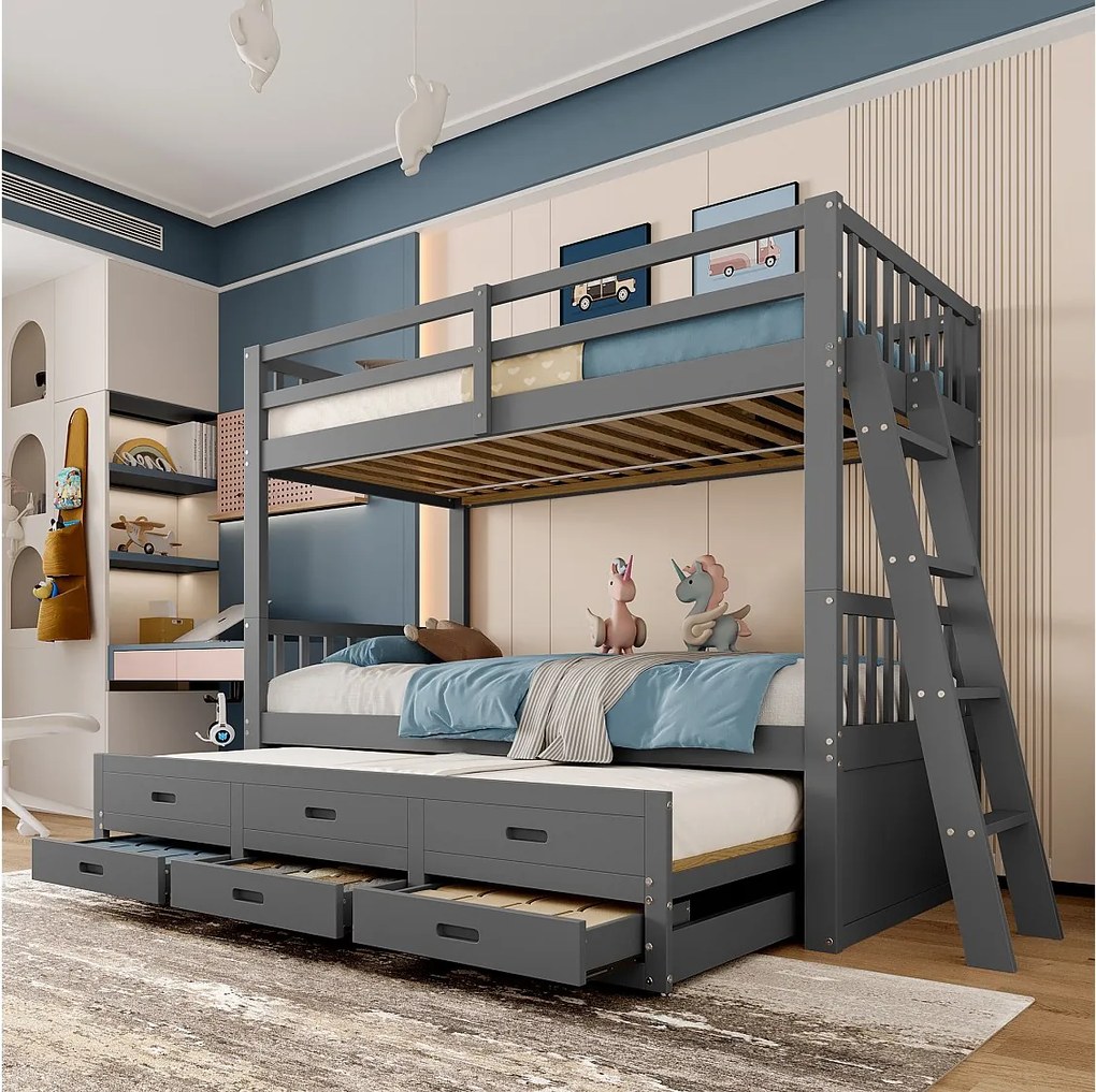 Łóżko piętrowe z łóżkiem wysuwanym dla dzieci, 3 miejsca - 2 x 90 x 200 cm - z 3 szufladami - sosna i płyta MDF - szare