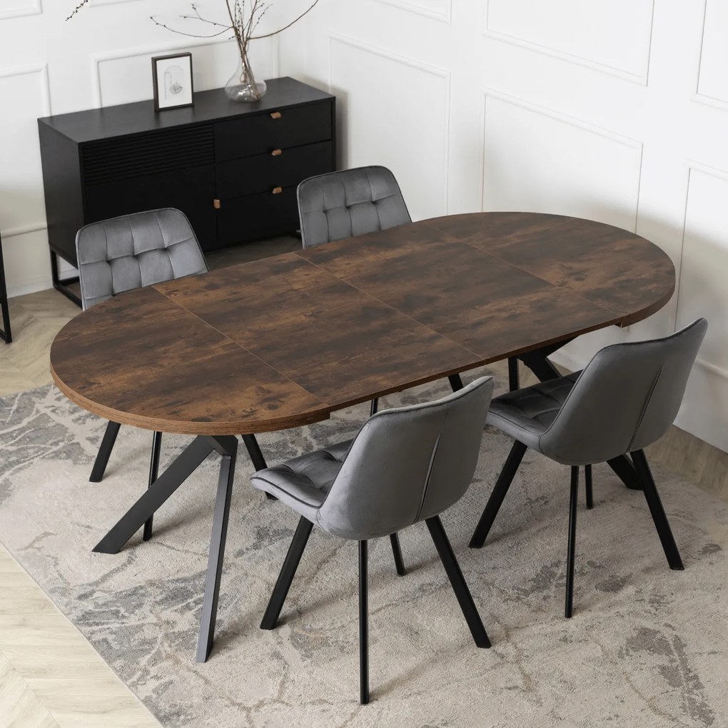 Zestaw Stół Okrągły Rozkładany LUKAS 100-250 cm Dąb Rustykalny/Czarny i 4 Krzesła Tapicerowane RICK Szare Welurowe Nowoczesne