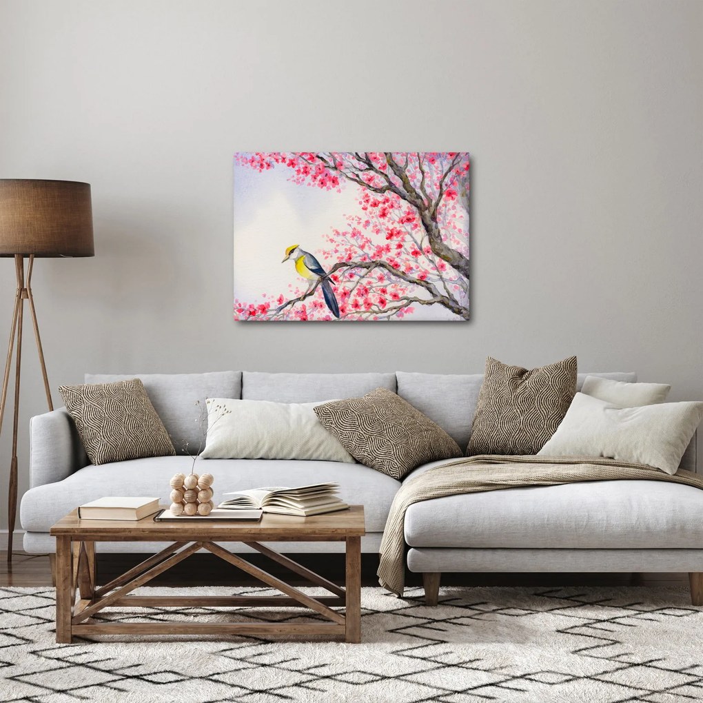 Obraz - ptak na drzewie z czerwonymi kwiatami (70x50 cm)