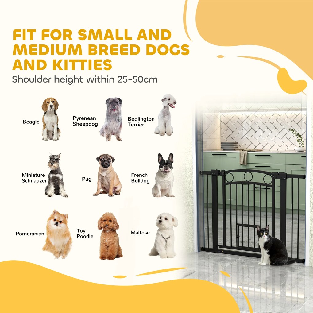 PawHut Bramka dla zwierząt regulowana 76-104 cm z drzwiczkami dla kota do schodów i drzwi czarna | Aosom PL