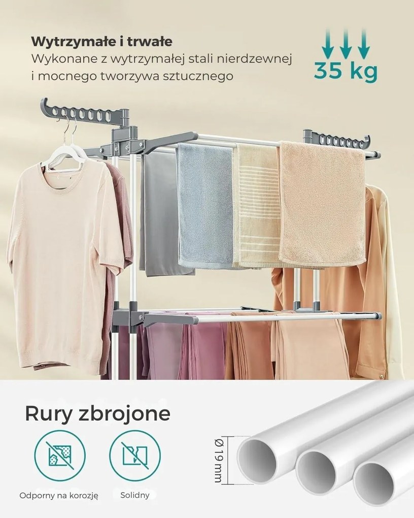 Suszarka na pranie ELTON z 4 poziomami na kółkach, 63,5x128x173cm, szary/biały SongmicsHome