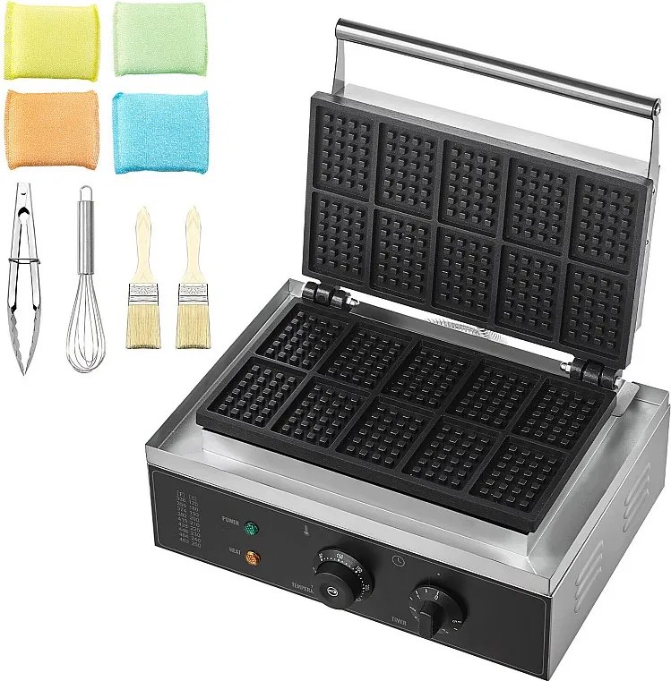 Gofrownica Komercyjna Prostokątna SucceBuy 10PCS 1550W, Nieprzywierająca, z Stali Nierdzewnej, Kontrola Temperatury i Czasu, Uchwyt