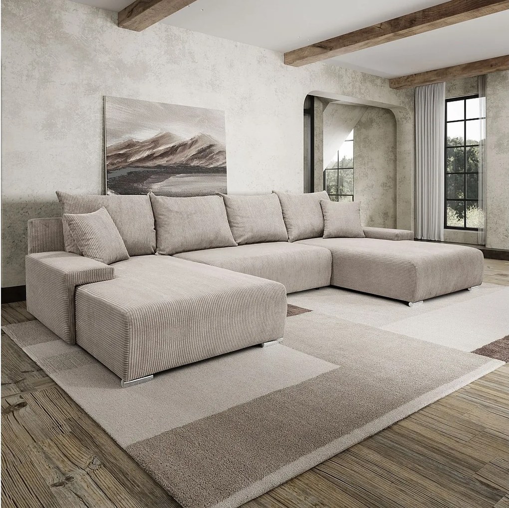 Narożnik, Sofa w kształcie U, tkanina sztruksowa Poso, Beżowy, Livorno U