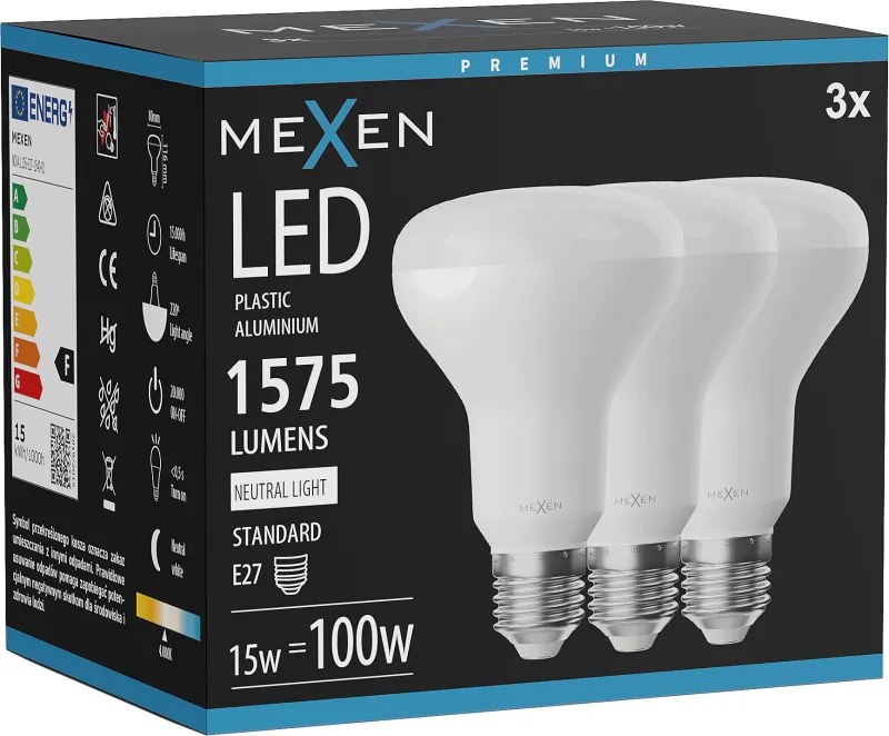 Mexen Nova 3x żarówka LED E27, R80, 15W, Neutralna - 4000K, 1575 lm - L105-E27-1540-01x03