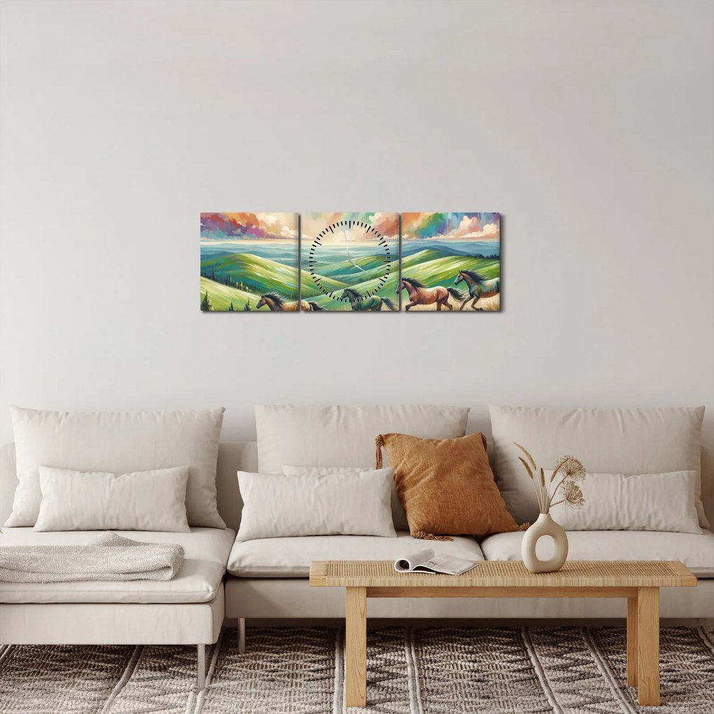 Obraz – Konie galopujące przez krajobraz (z zegarem) (90x30 cm)
