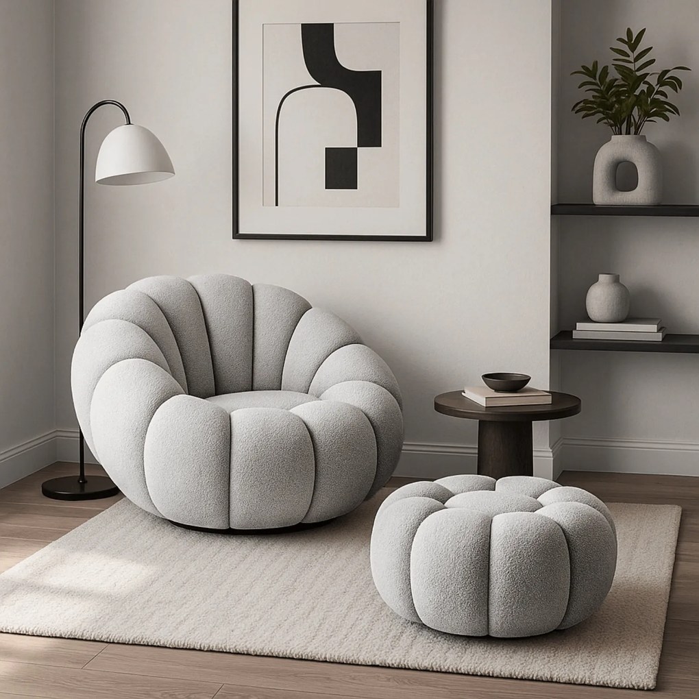 Fotel Wypoczynkowy Obrotowy PETTIT Szary z Pufą w Tkaninie Teddy Boucle